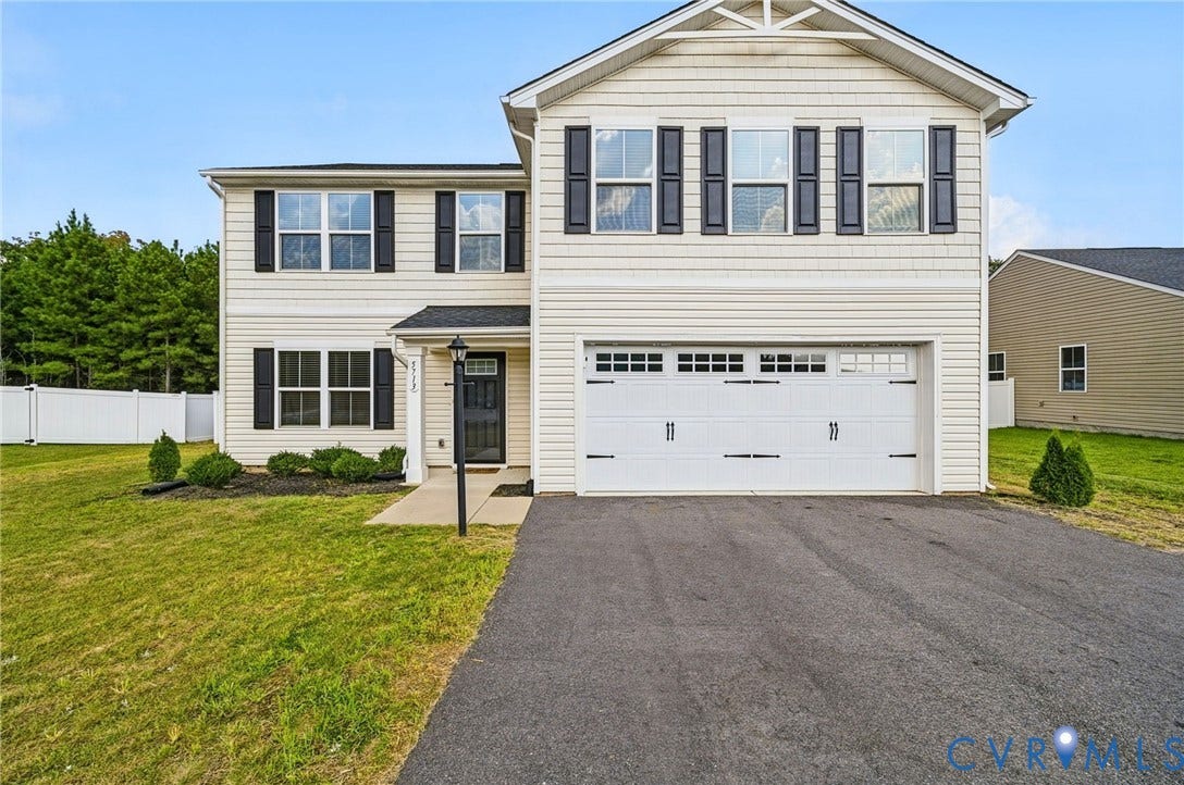 5713 Bison Ford Court, Chesterfield, VA 23234 Two-story facade with light-colored siding, contrasting dark shutters, and an attached two-car garage