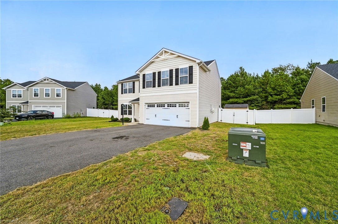 5713 Bison Ford Court, Chesterfield, VA 23234 Two-story residence with light-colored siding, black window shutters, and an attached two-car garage