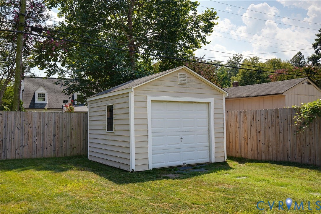 2203 Wedgewood Avenue, Henrico, VA 23228 Detached single-car garage with horizontal siding, a gable roof, and a wood privacy fence