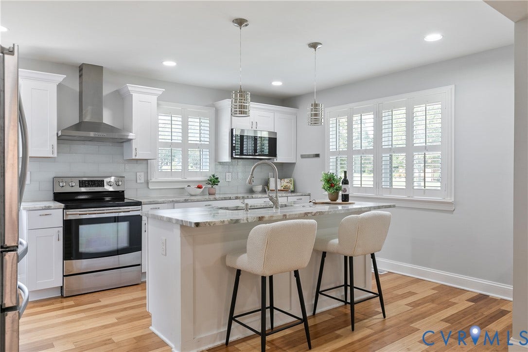 2203 Wedgewood Avenue, Henrico, VA 23228 Modern kitchen featuring white cabinetry, stainless steel appliances, a center island with countertop seating, and wood-finish flooring