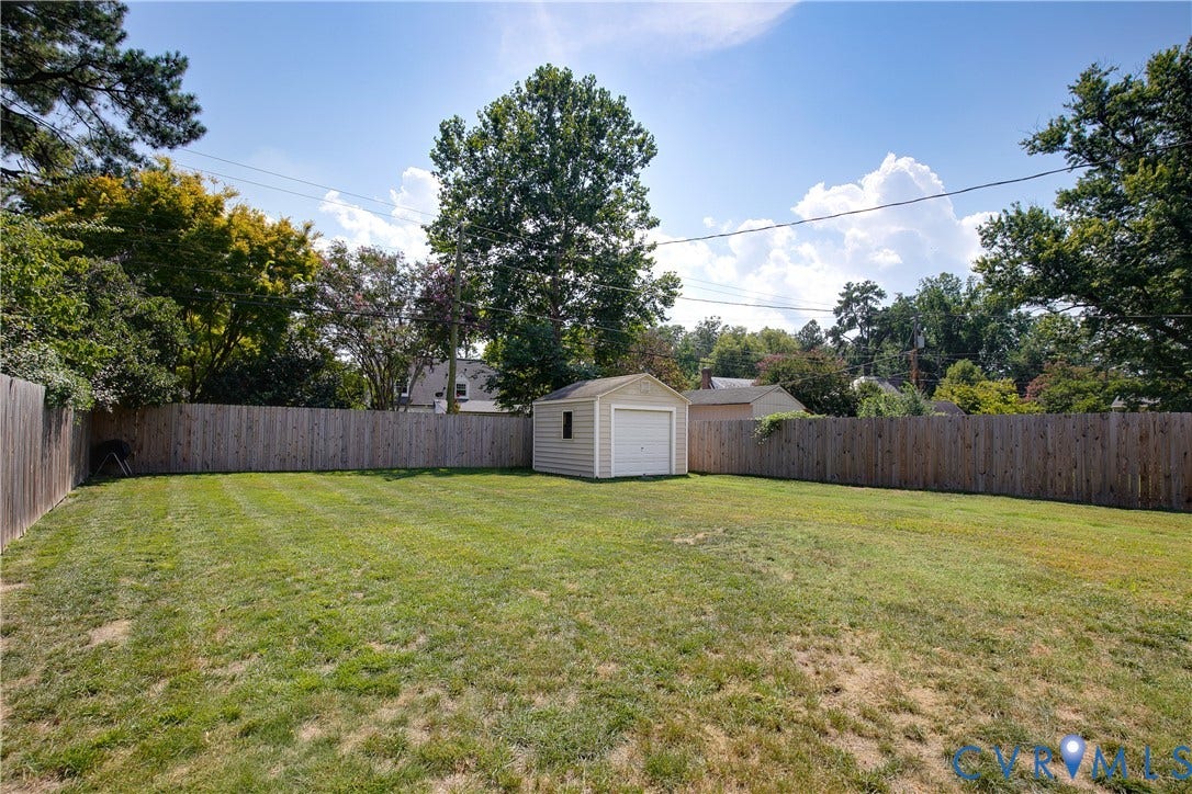 2203 Wedgewood Avenue, Henrico, VA 23228 Expansive backyard featuring a privacy fence, a detached storage shed with a garage door, and mature trees