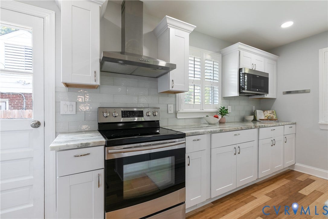 2203 Wedgewood Avenue, Henrico, VA 23228 Kitchen featuring white shaker-style cabinetry, stainless steel appliances, a subway tile backsplash, light-toned countertops, and wood-finish flooring