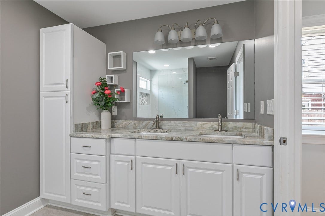 2203 Wedgewood Avenue, Henrico, VA 23228 Dual sink vanity with stone-finish countertop, white cabinetry, and a tall storage cabinet