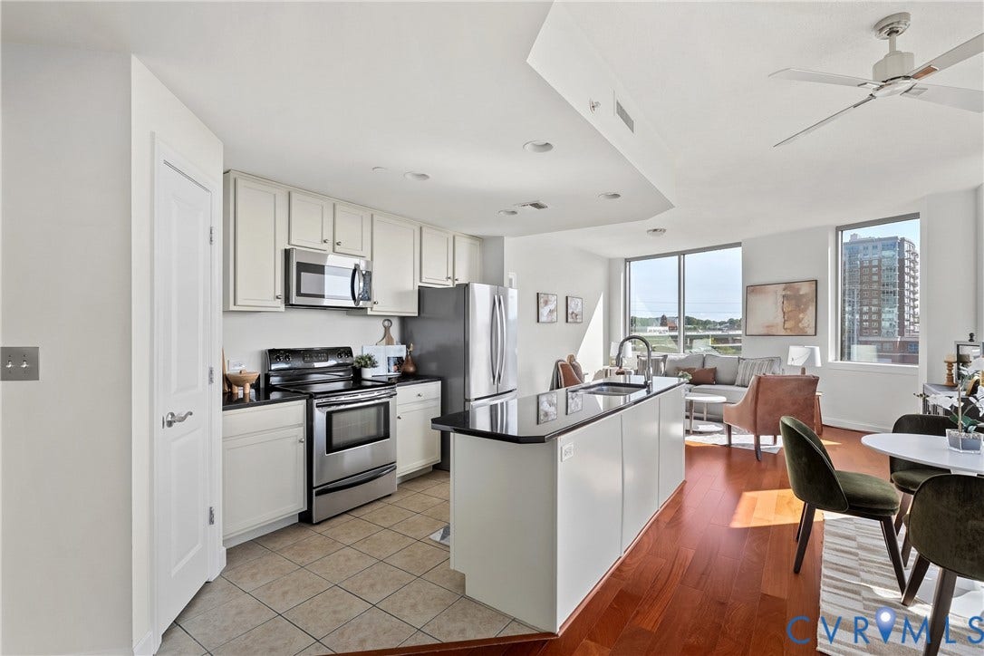 1101 Haxall Point, #U514, Richmond, VA 23219 Open-concept kitchen featuring stainless steel appliances, white cabinetry, and an island with a sink