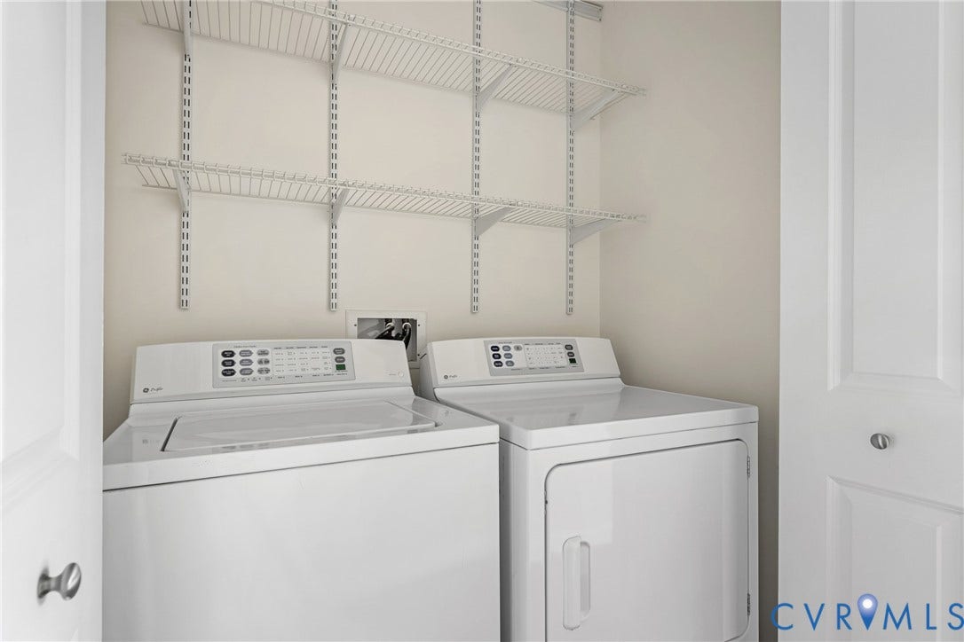 1101 Haxall Point, #U514, Richmond, VA 23219 Laundry area featuring white appliances, adjustable wire shelving, and bi-fold doors