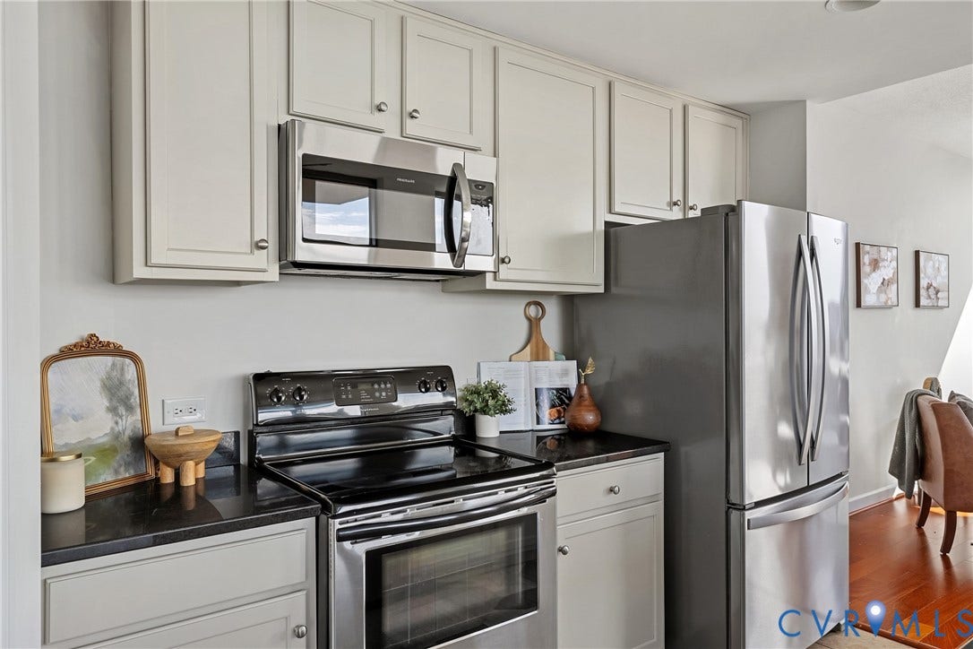 1101 Haxall Point, #U514, Richmond, VA 23219 Kitchen featuring light-toned cabinetry, dark countertops, stainless steel appliances, and wood-finish flooring