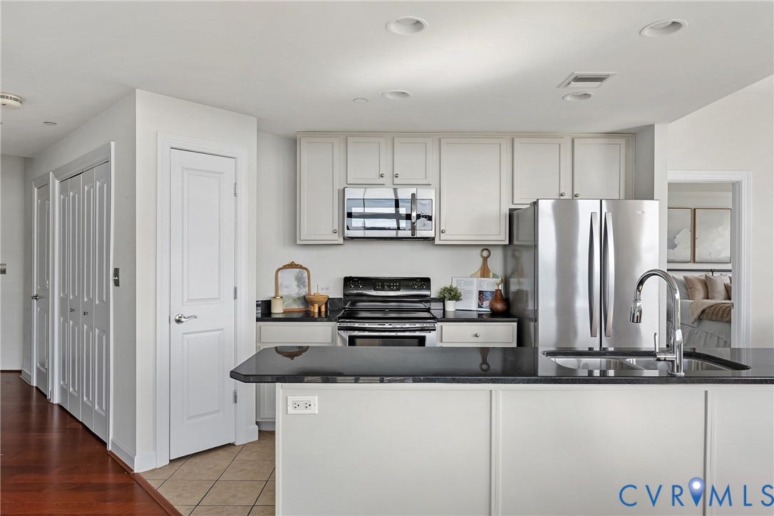 1101 Haxall Point, #U514, Richmond, VA 23219 Kitchen featuring stainless steel appliances, dark countertops, white cabinetry, and recessed lighting