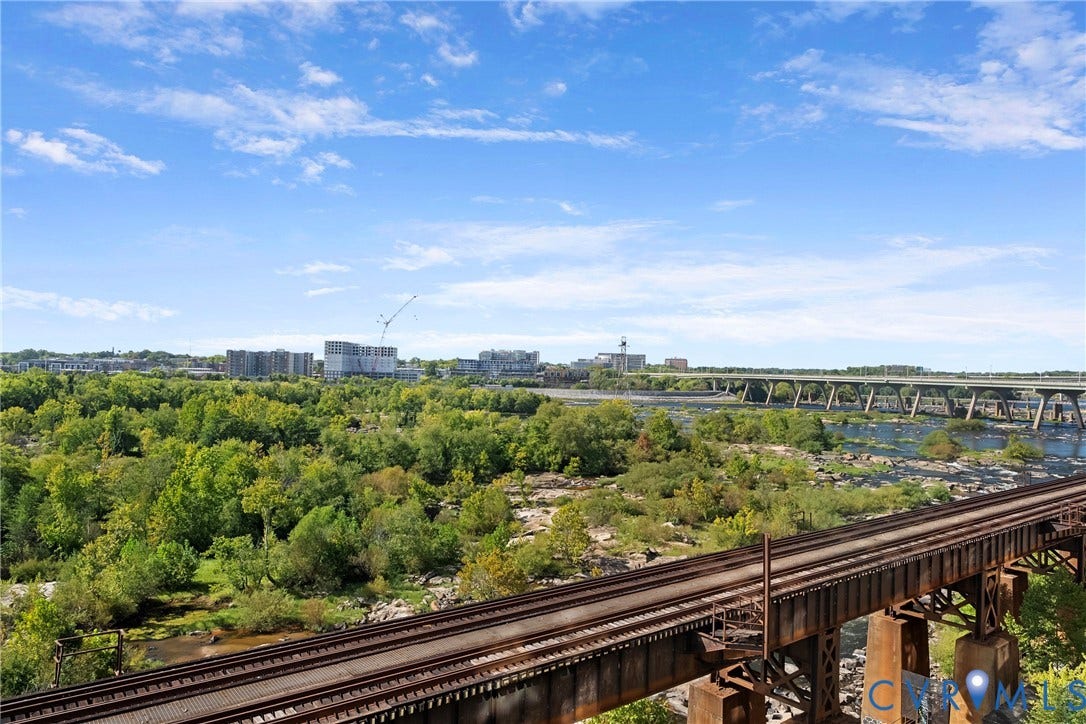 1101 Haxall Point, #U514, Richmond, VA 23219 Elevated perspective featuring expansive natural scenery, distant city structures, and a river with bridges