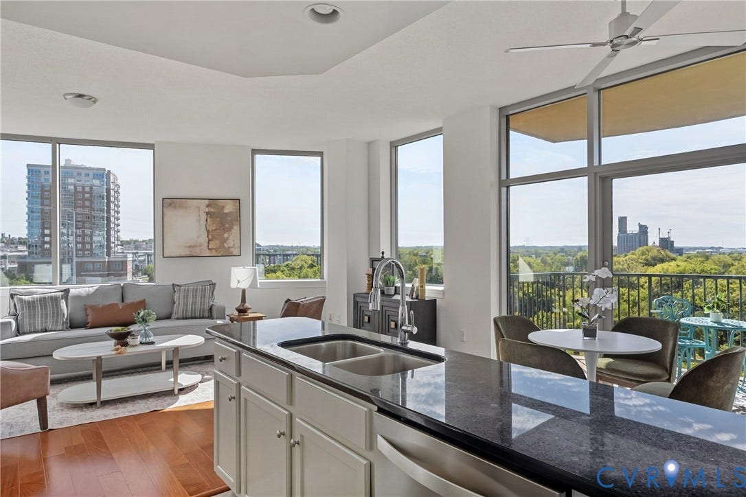 1101 Haxall Point, #U514, Richmond, VA 23219 Expansive floor-to-ceiling windows, wood-finish flooring, recessed lighting, ceiling fan, and a kitchen island with a double basin sink and stainless steel dishwasher
