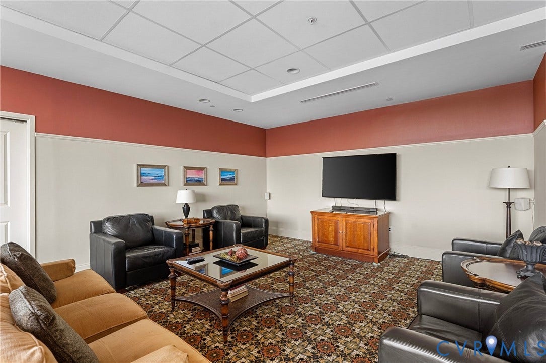 1101 Haxall Point, #U514, Richmond, VA 23219 Recessed lighting, drop ceiling, wall-mounted television, built-in wooden media cabinet, patterned carpet