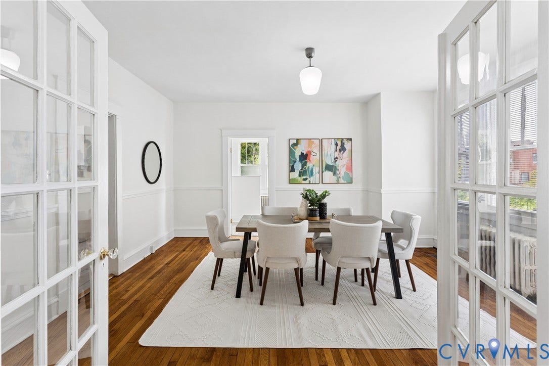 1304 Bainbridge Street, Manchester, Richmond, VA 23224 Hardwood flooring, white wainscoting, white walls, and French doors with glass panes