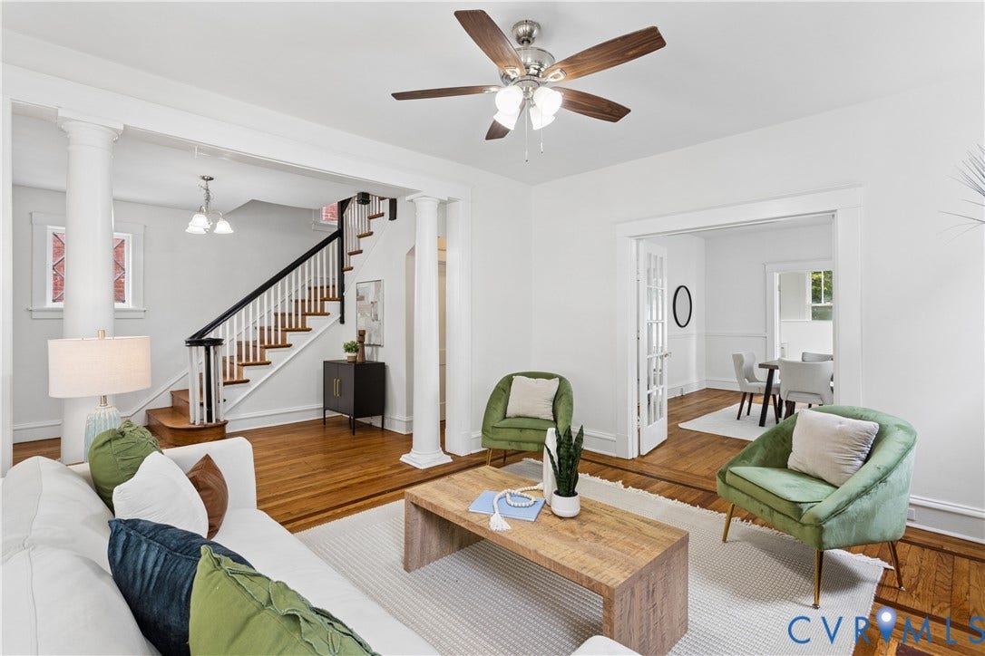 1304 Bainbridge Street, Manchester, Richmond, VA 23224 Hardwood flooring classic white newel posts and railings, ceiling fan with integrated lighting, and French doors