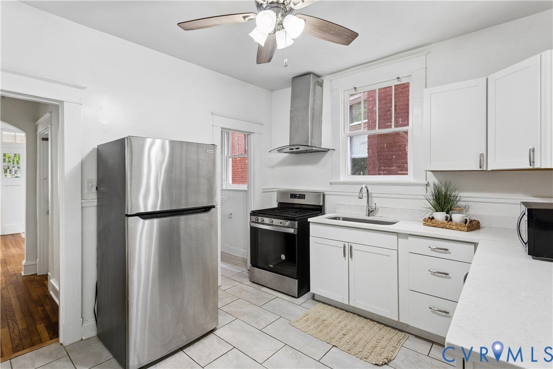 1304 Bainbridge Street, Manchester, Richmond, VA 23224 Kitchen featuring white cabinetry, stainless steel appliances, a ceiling fan, and tile flooring