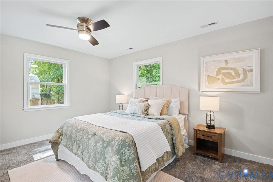 Plush carpet flooring, recessed lighting, and a contemporary ceiling fan with integrated lighting