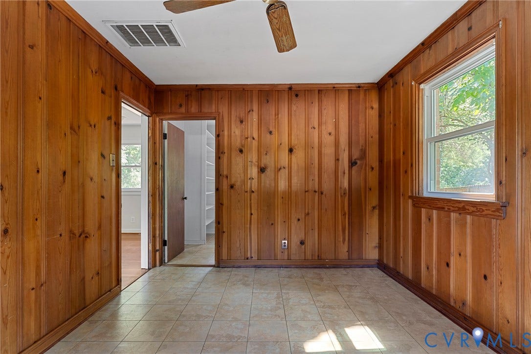 5968 Forest Hill Avenue, Westlake Hills, Richmond, VA 23225 Wood panel walls, ceiling fan, ceramic tile flooring, and a window with natural light