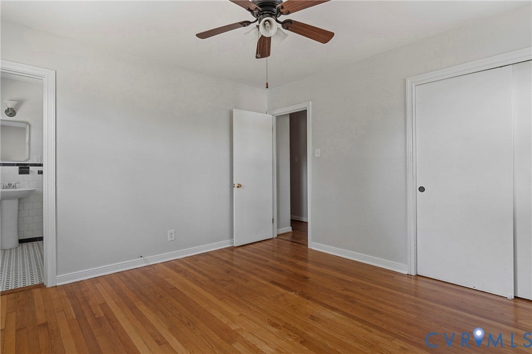 5968 Forest Hill Avenue, Westlake Hills, Richmond, VA 23225 Hardwood flooring, ceiling fan with integrated lighting, and a white interior door with a dark knob