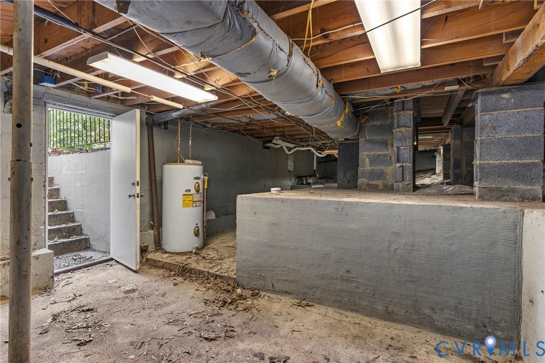5968 Forest Hill Avenue, Westlake Hills, Richmond, VA 23225 Crawl space foundation with exposed wood joists, structural block piers, and a visible water heater
