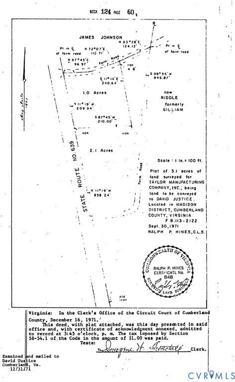303 Putney Road, Cumberland, VA 23040 Survey Plat. Displaying property boundaries, acreage, and adjacent property owner details
