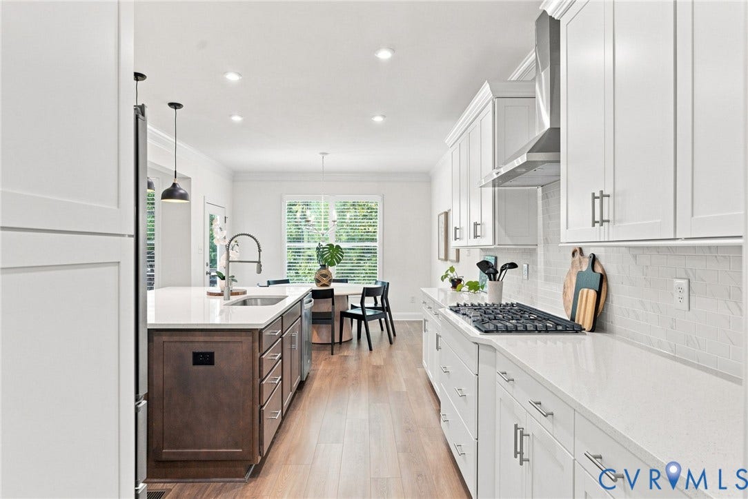 Kitchen featuring white shaker-style cabinetry, a built-in gas range, stainless steel appliances, a kitchen island with sink, and wood-finish flooring