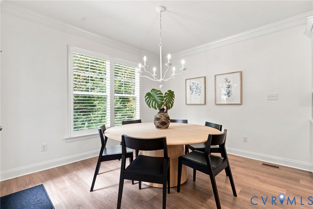 Wood-finish flooring, white walls, and a multi-pane window with louvered blinds