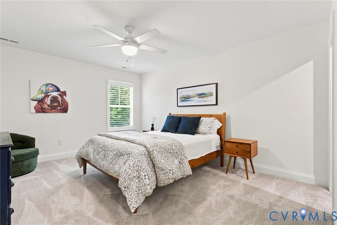 Window with blinds, ceiling fan, and light-colored wall-to-wall carpeting