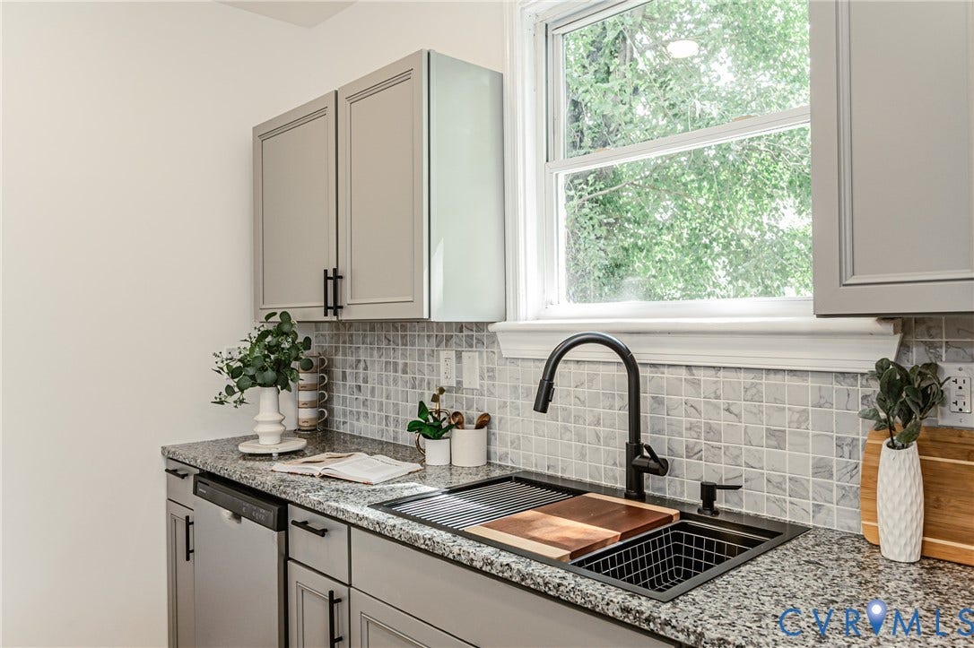 4008 River Road, Chesterfield, VA 23803 Granite countertops, square tile backsplash, light gray cabinetry, matte black faucet, and an undermount sink