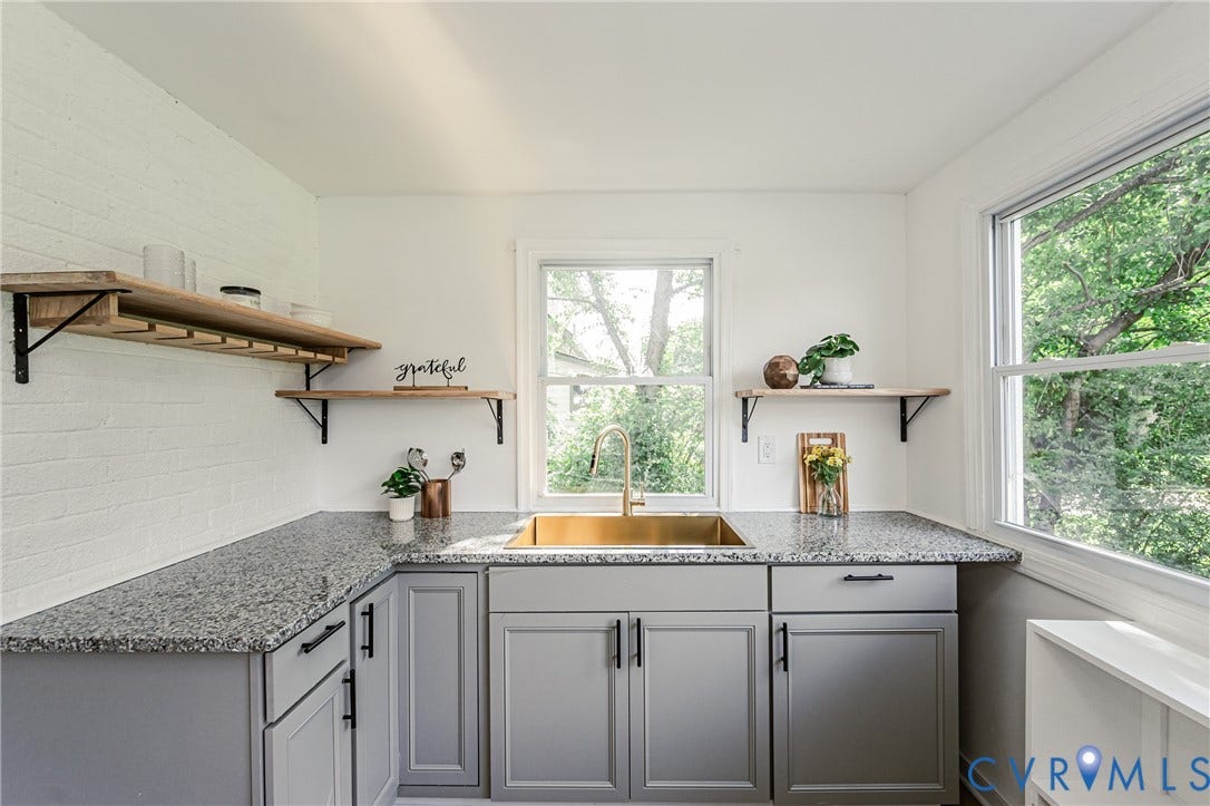 4008 River Road, Chesterfield, VA 23803 Gray cabinetry with matte black hardware, speckled countertops, and a gold-tone sink with matching faucet