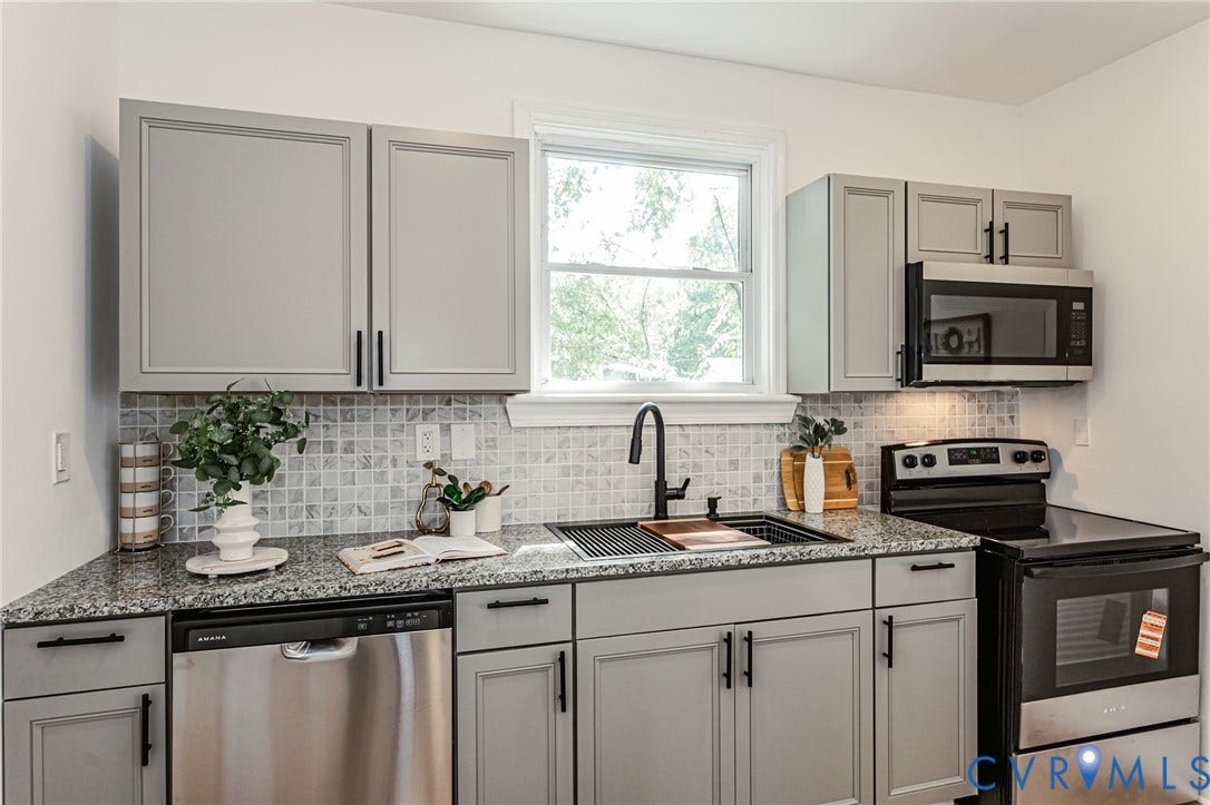 4008 River Road, Chesterfield, VA 23803 Contemporary kitchen featuring gray cabinetry, granite countertops, a square tile backsplash, and stainless steel appliances