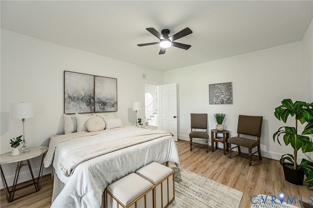 4008 River Road, Chesterfield, VA 23803 Recessed lighting, wood-finish flooring, ceiling fan with integrated light, staircase with white railing, and white interior doors
