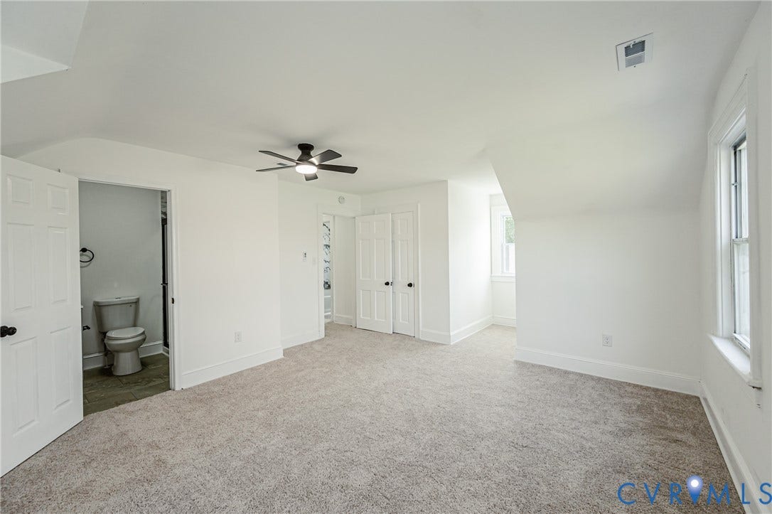 4008 River Road, Chesterfield, VA 23803 Plush carpet flooring, recessed lighting, ceiling fan, white paneled doors, and an en-suite bathroom with tile flooring