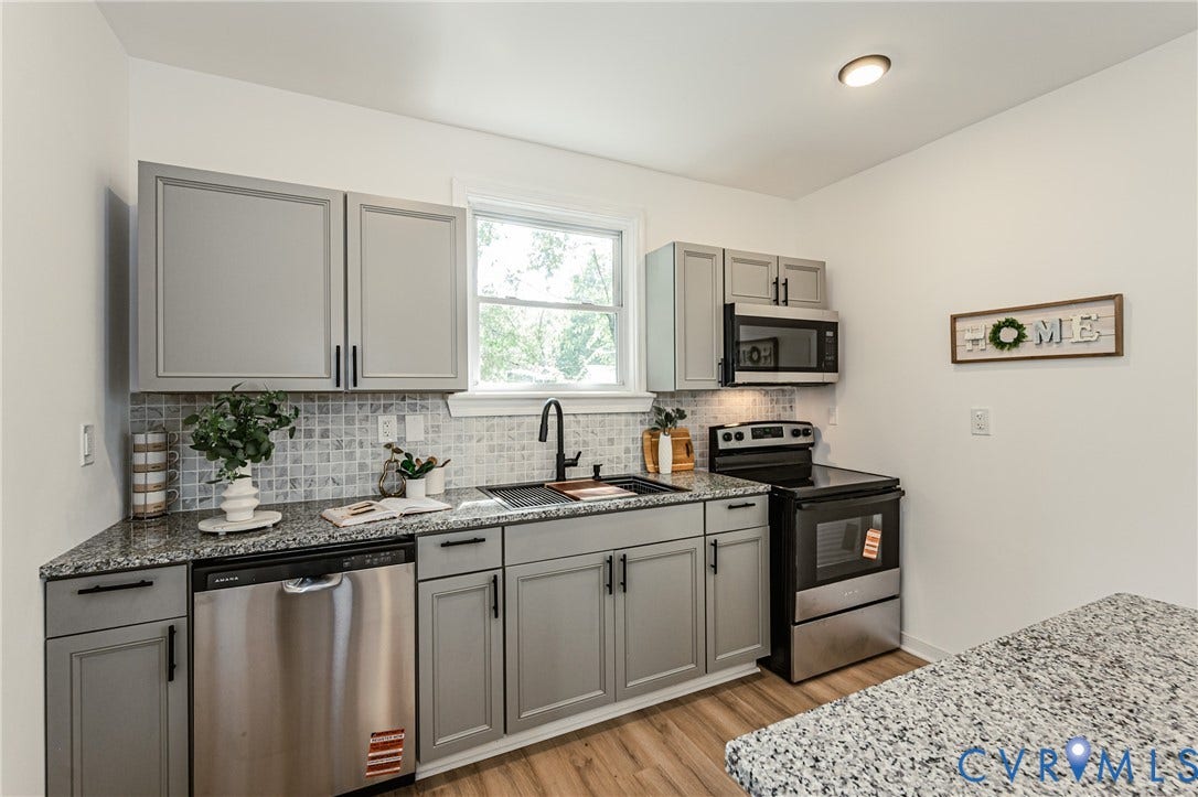 4008 River Road, Chesterfield, VA 23803 Kitchen featuring grey shaker-style cabinetry, stainless steel appliances, speckled stone countertops, and a mosaic tile backsplash