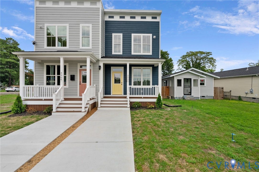 2004 Newbourne Street, Richmond, VA 23223 Contemporary duplex with distinct siding finishes, covered front porches, and separate concrete walkways