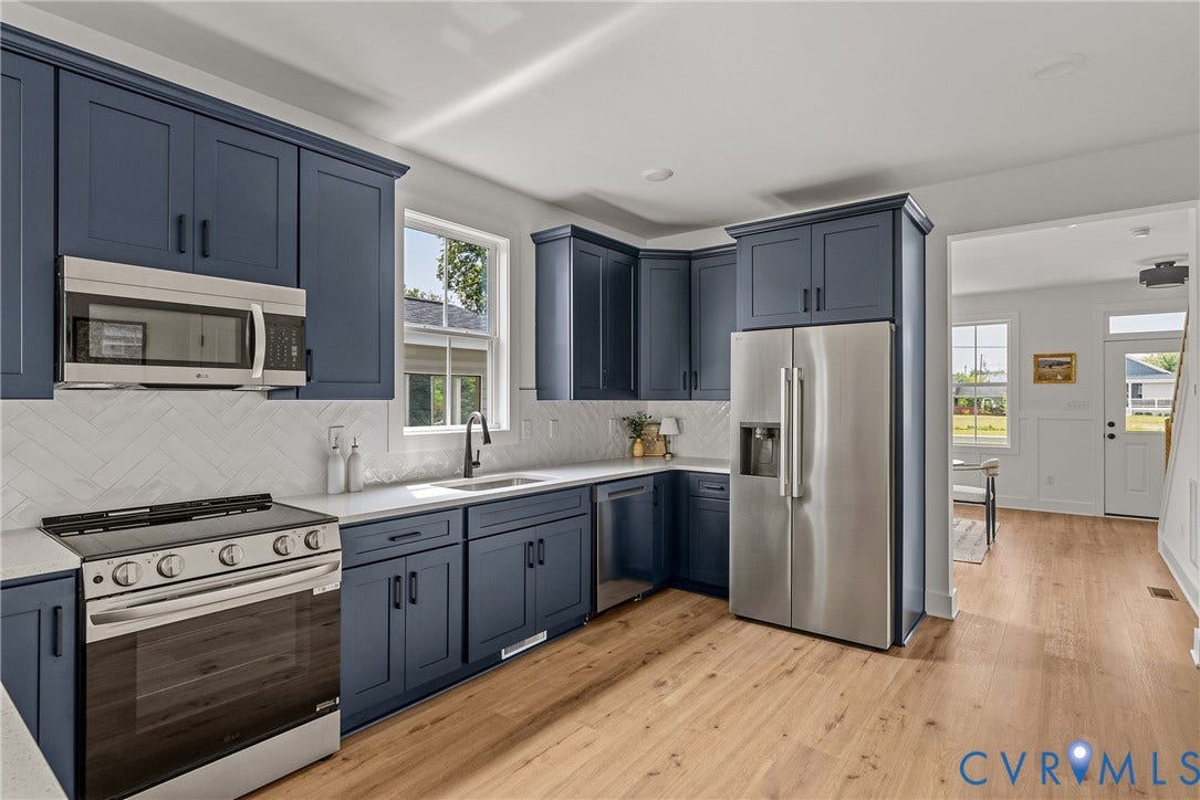 2004 Newbourne Street, Richmond, VA 23223 Kitchen featuring blue shaker cabinetry, stainless steel appliances, white countertops, and a herringbone tile backsplash