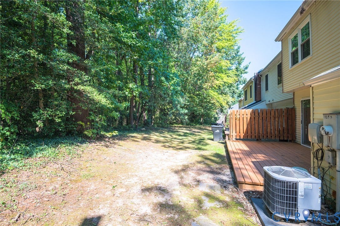 1555 Skirmish Run Drive, #1555, Henrico, VA 23228 Expansive backyard featuring a wood deck, wood privacy fencing, and mature trees