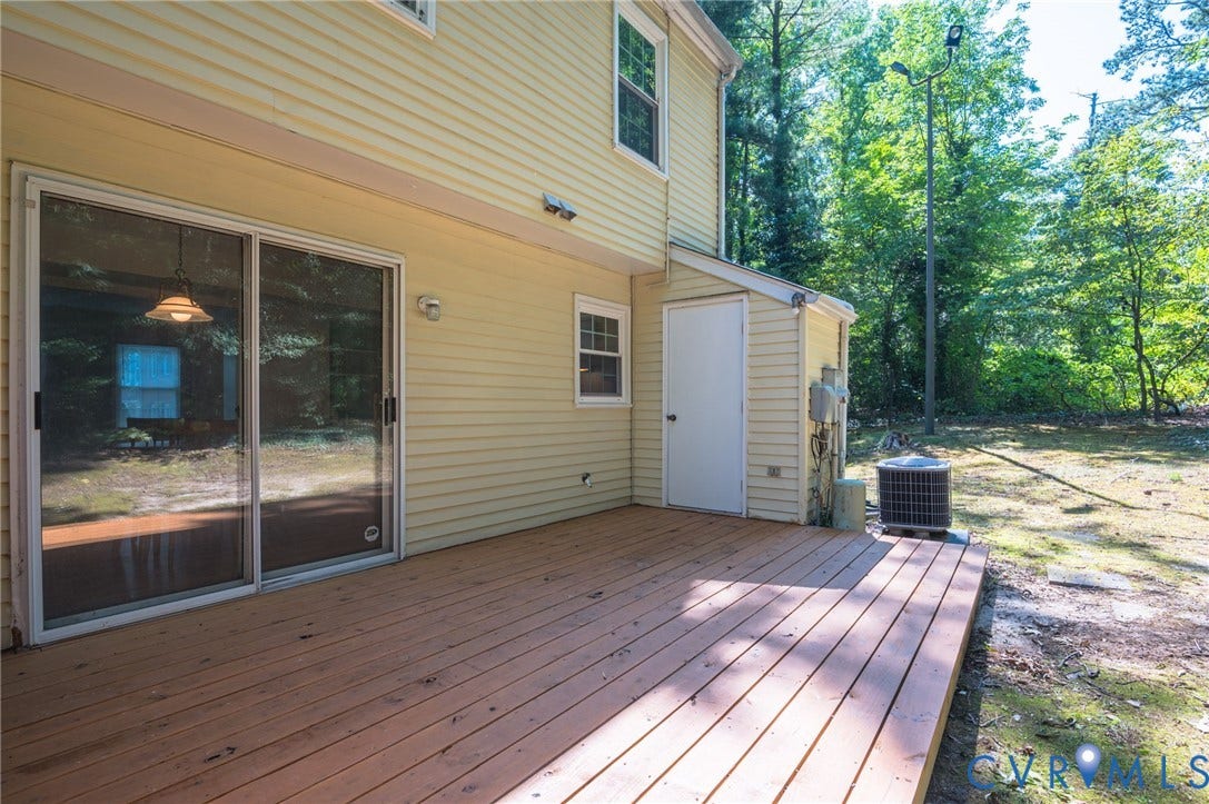 1555 Skirmish Run Drive, #1555, Henrico, VA 23228 Expansive wood deck with a durable wood finish, accessed by a sliding glass door, featuring an exterior utility door and siding exterior