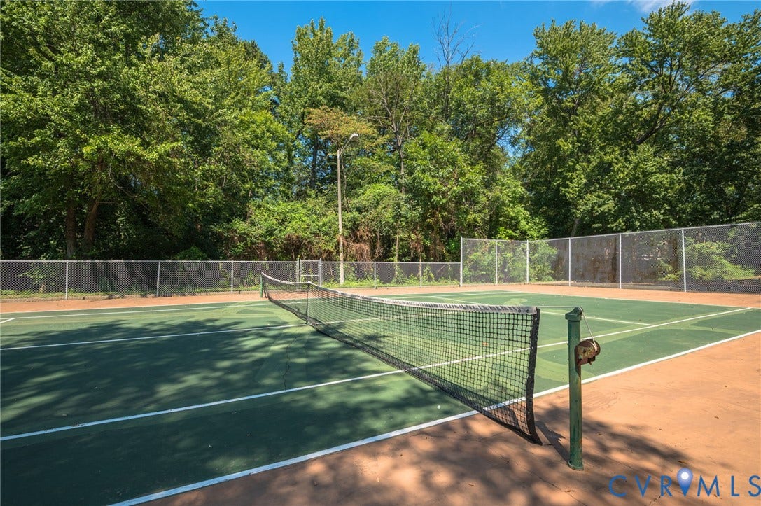1555 Skirmish Run Drive, #1555, Henrico, VA 23228 Private tennis court featuring a green playing surface with white line markings, surrounded by a chain-link fence