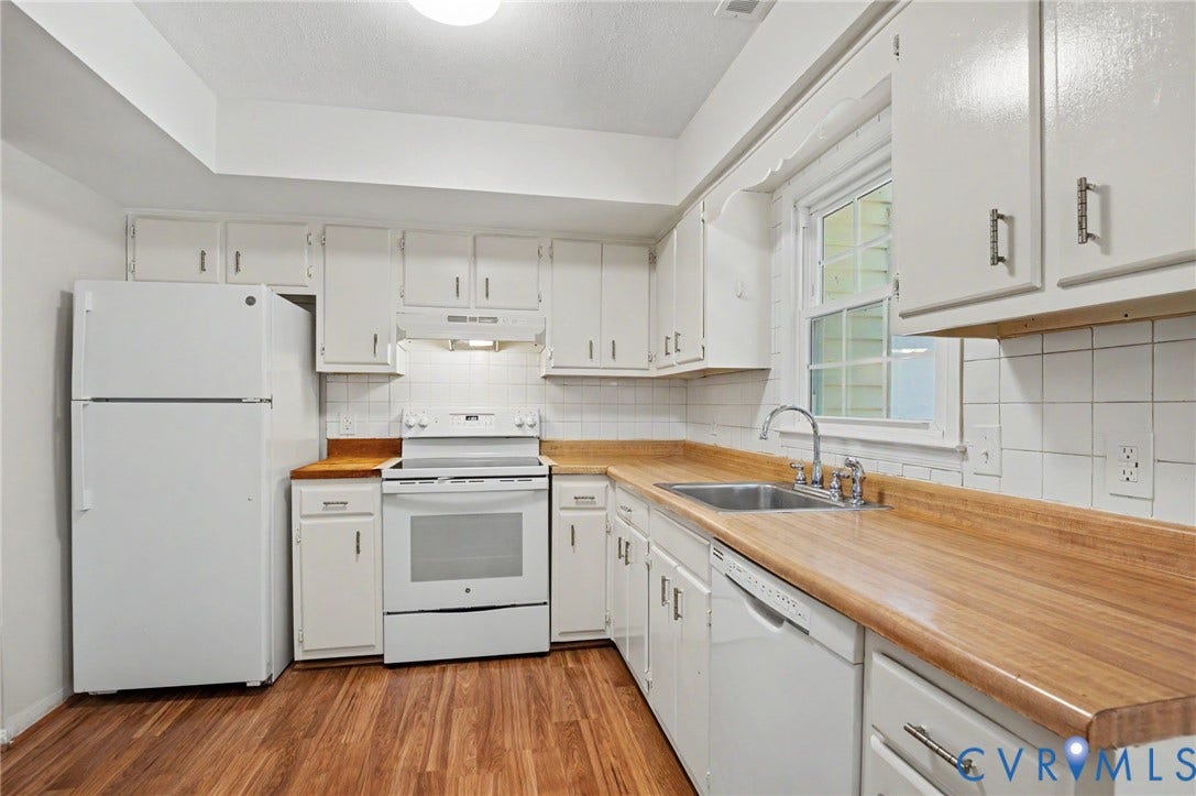 1555 Skirmish Run Drive, #1555, Henrico, VA 23228 Kitchen featuring wood-finish flooring, white cabinetry, a double basin sink, and a white tile backsplash
