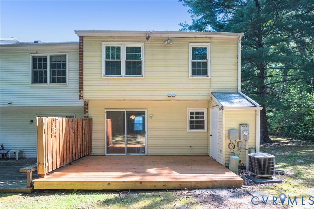1555 Skirmish Run Drive, #1555, Henrico, VA 23228 Rear exterior with a wood deck, sliding glass door, and a built-in privacy fence
