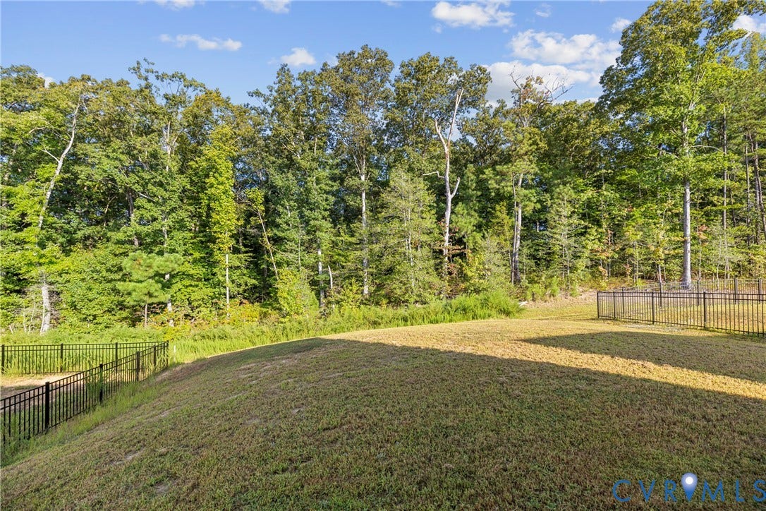 7974 Arbor Marsh Terrace, New Kent, VA 23124 Expansive grassy yard with a black metal fence and tree-lined perimeter