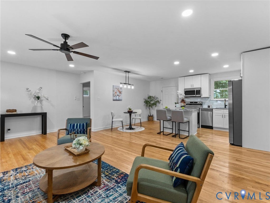 3626 Reynolds Road, Richmond, VA 23223 Wood-finish flooring throughout, recessed ceiling lighting, and a kitchen featuring stainless steel appliances, white cabinetry, and a tile backsplash
