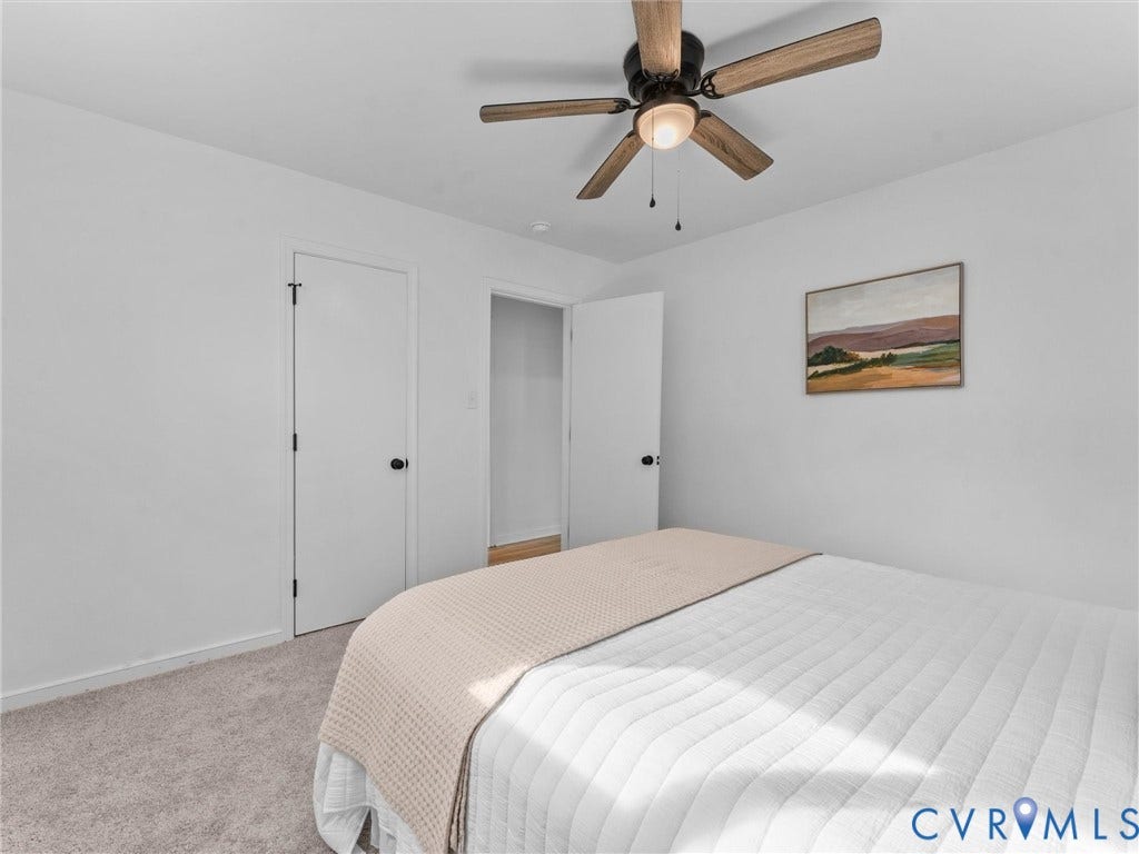 3626 Reynolds Road, Richmond, VA 23223 Recessed lighting, wood-finish ceiling fan, white paneled doors, and carpeted flooring