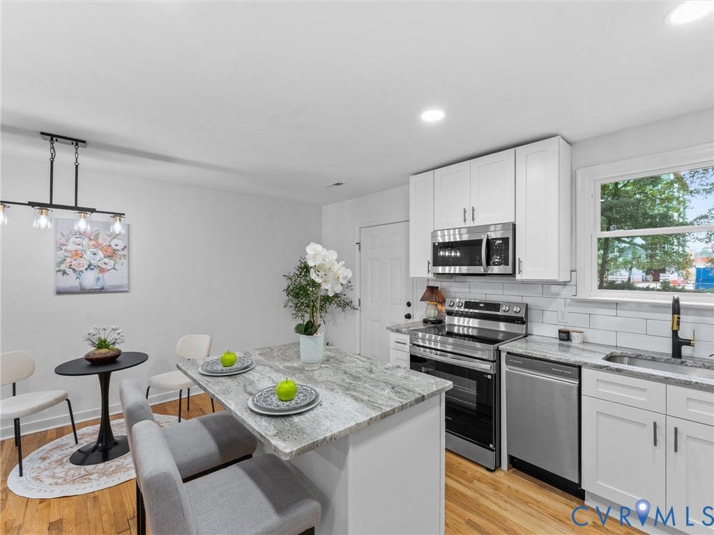 3626 Reynolds Road, Richmond, VA 23223 White cabinetry, stainless steel appliances, wood-finish flooring, light-colored countertops, and white subway tile backsplash