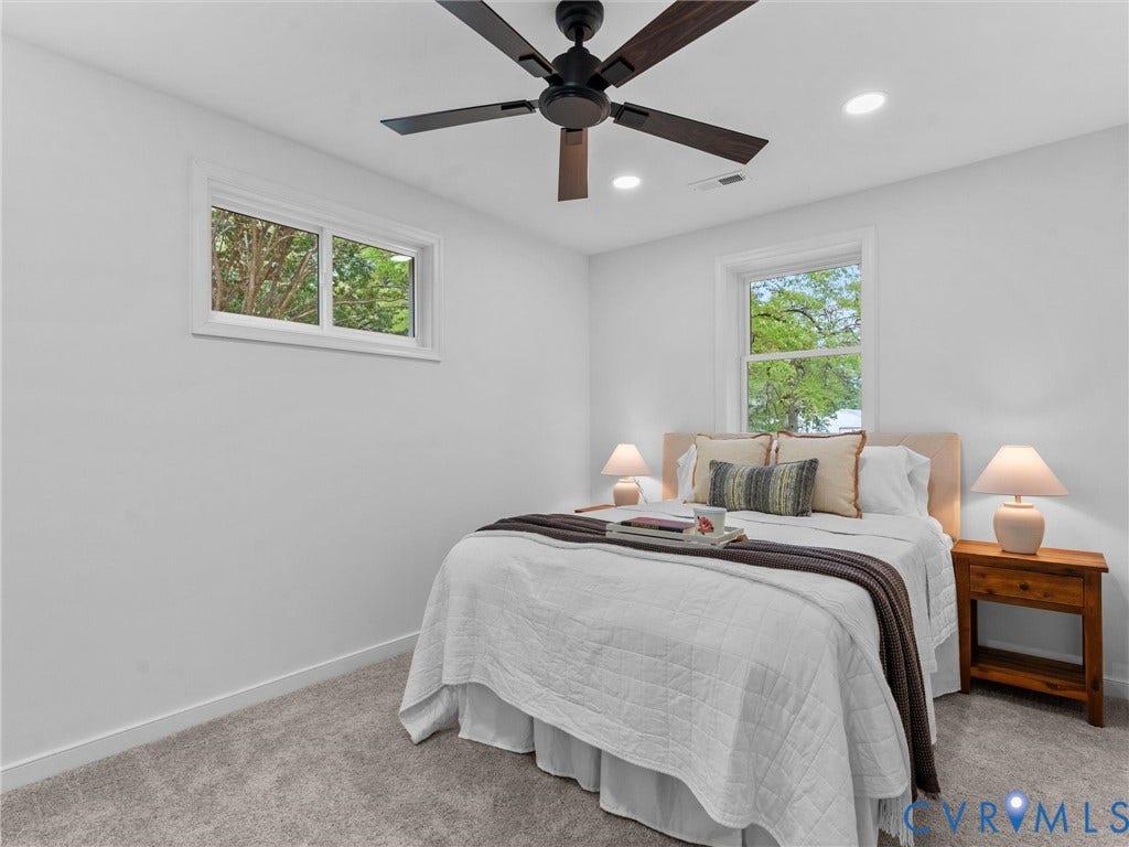 3626 Reynolds Road, Richmond, VA 23223 Recessed lighting, ceiling fan with wood-finish blades, white walls, and light gray carpet