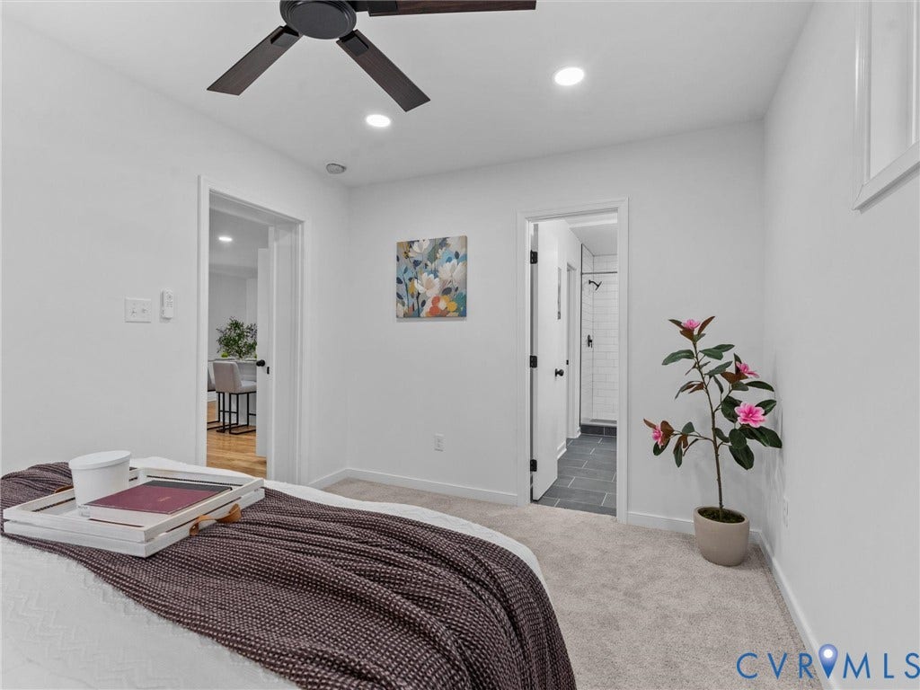 3626 Reynolds Road, Richmond, VA 23223 Recessed lighting, ceiling fan with dark wood-finish blades, light-colored carpet flooring, white walls, and dark-toned door hardware