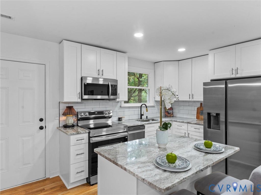 3626 Reynolds Road, Richmond, VA 23223 White cabinetry, stainless steel appliances, granite countertops, subway tile backsplash, and an island with seating