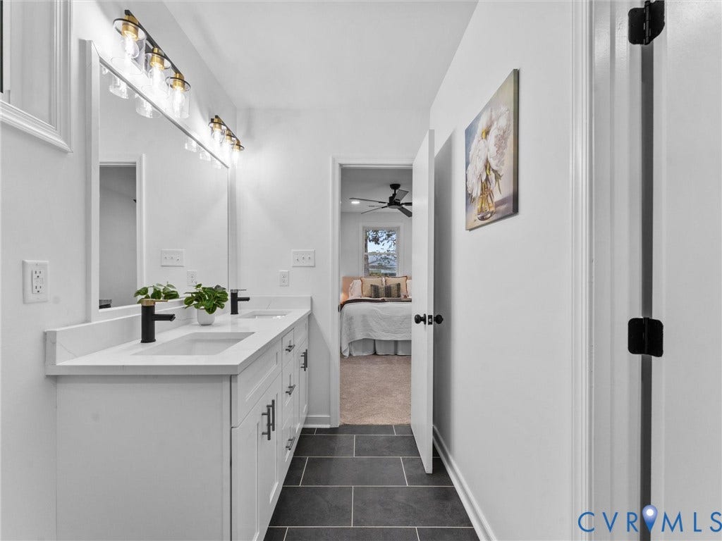 3626 Reynolds Road, Richmond, VA 23223 Dual vanity with white cabinetry, matte black hardware, and integrated sinks