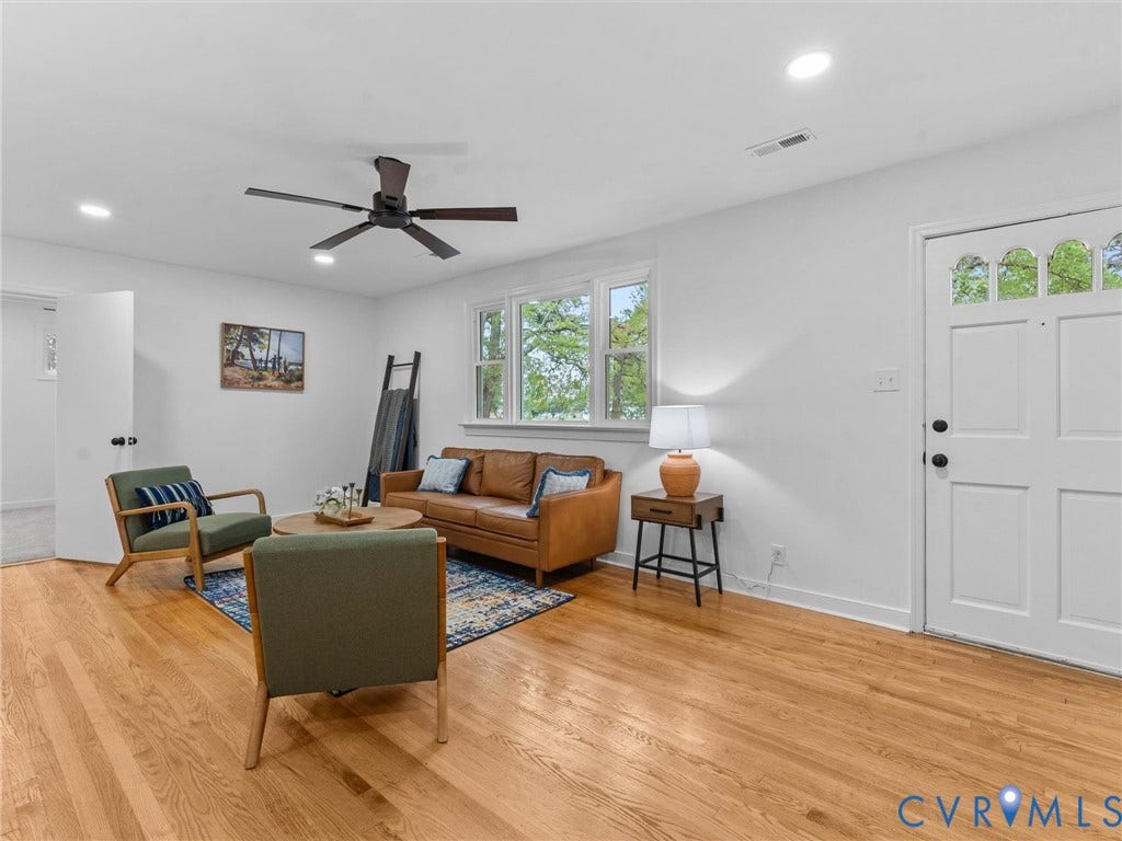 3626 Reynolds Road, Richmond, VA 23223 Hardwood flooring, recessed lighting, white walls, ceiling fan, and multi-pane front door