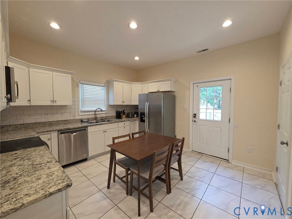 3400 Decatur Street, Richmond, VA 23224 Kitchen featuring white cabinetry, granite countertops, stainless steel appliances, a subway tile backsplash, and recessed lighting