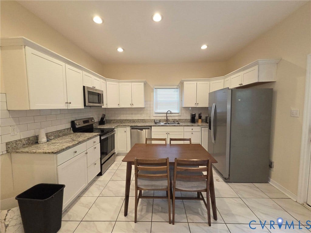 3400 Decatur Street, Richmond, VA 23224 Full kitchen with white cabinetry, stainless steel appliances, granite countertops, and subway tile backsplash