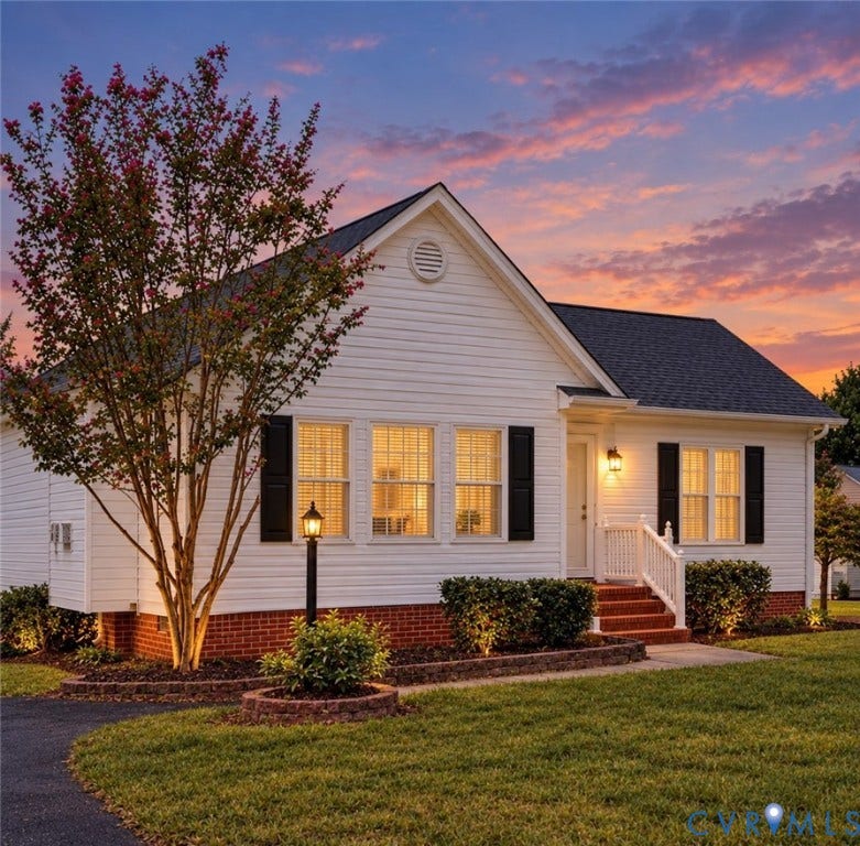 White siding exterior with a dark shingled roof.  Photo enhanced by AI